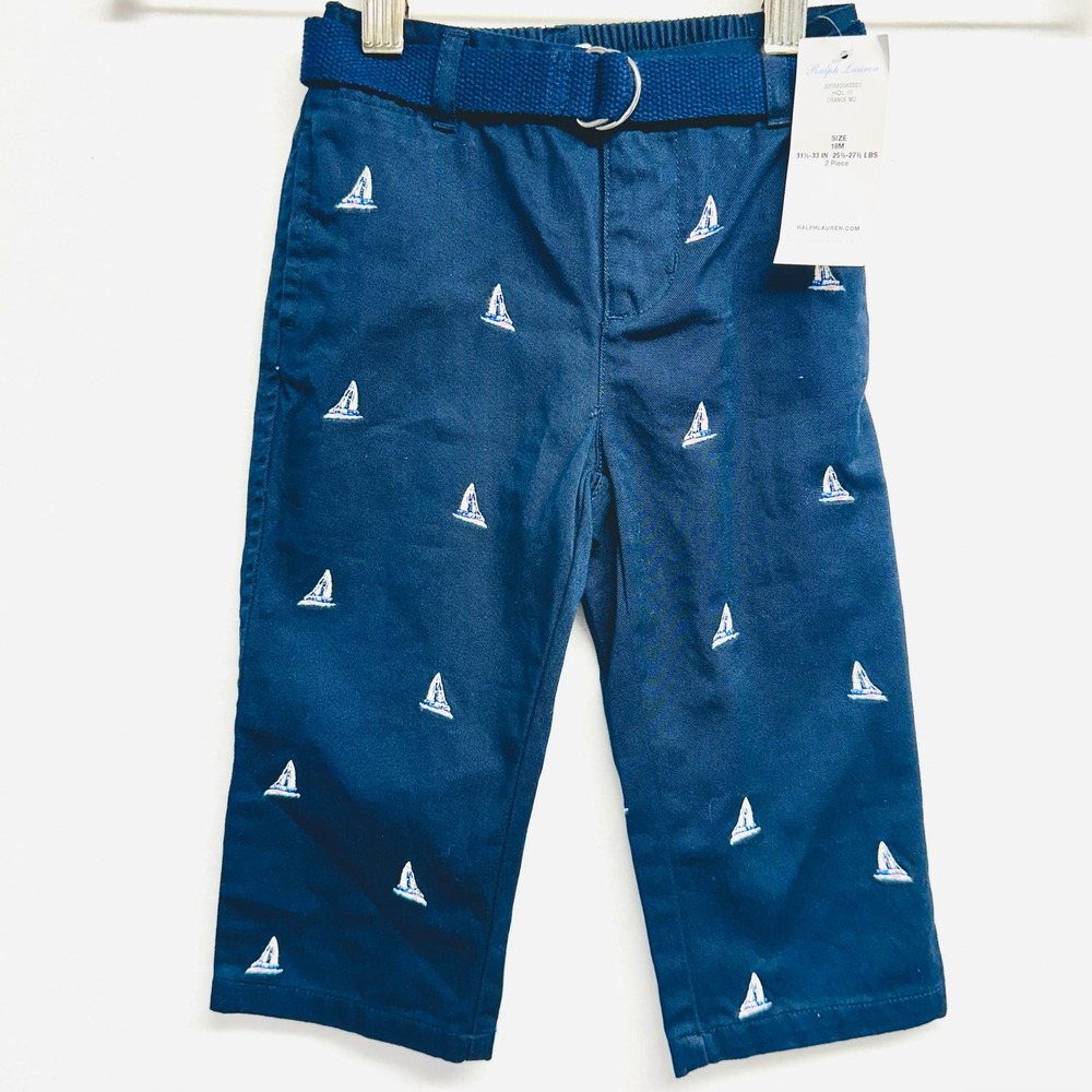 Ralph Lauren Chino Pants Kids 18M Navy Blue Sailboat Embroidered Belted